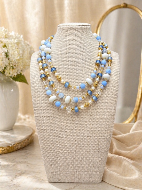 Kelco Jewelry - Opera Length Milk Glass Blue Lace Agate, Lamp-work and Czech glass